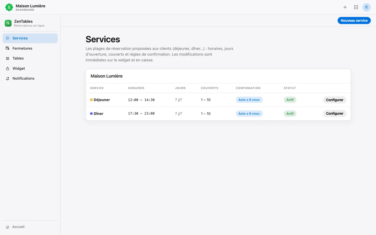 Les réglages des services de réservation dans le dashboard