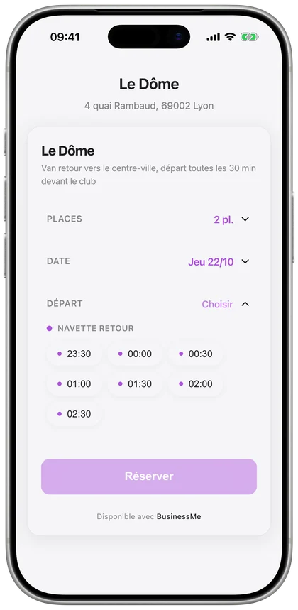 La réservation d'une navette de retour sur iPhone : trois places à 0 h 30