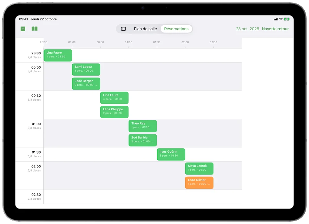 Le planning des navettes d'un club sur iPad : une ligne par départ, avec les places restantes