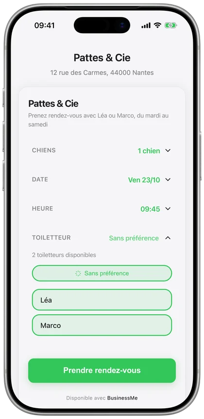 La prise de rendez-vous chez un toiletteur sur iPhone : un chien, un créneau