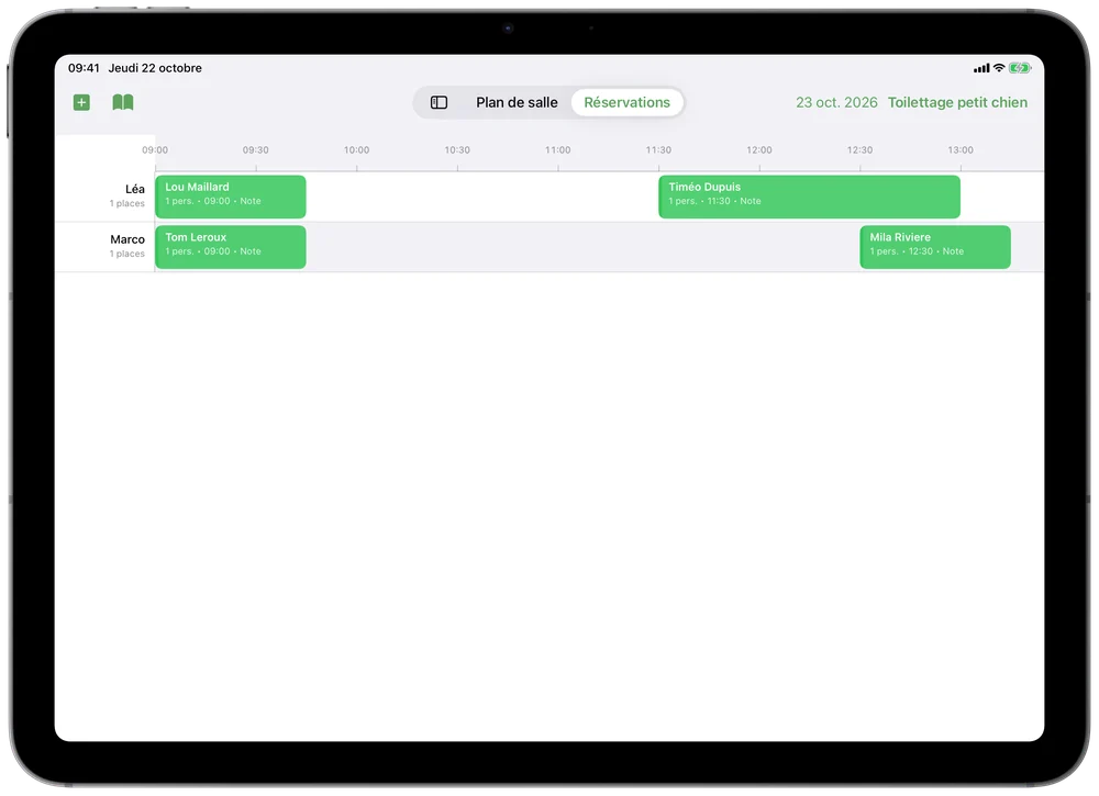 Le planning d'un salon de toilettage sur iPad : une ligne par toiletteur