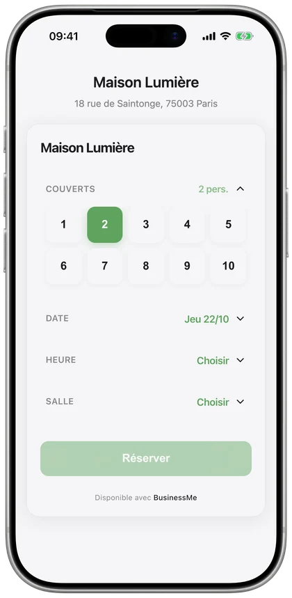 La page de réservation vue par un client sur iPhone